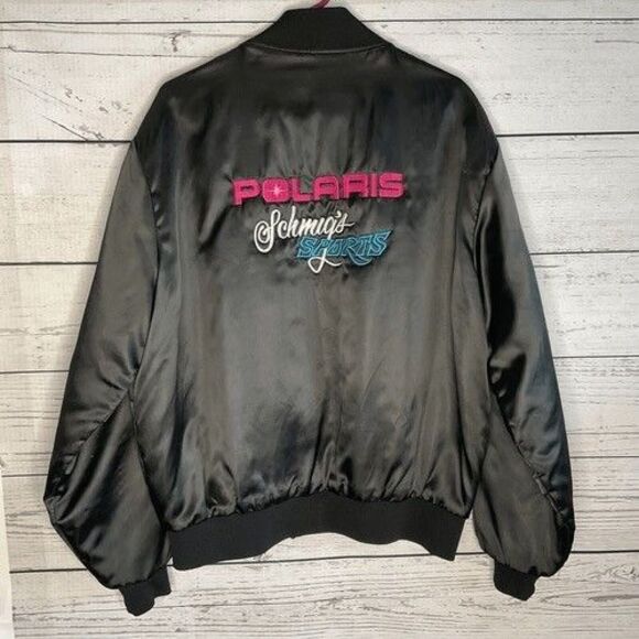 VTG Satins Black Polaris Embroidered Satin Full Zip Bomber Jacket Men Size XL - Picture 12 of 13